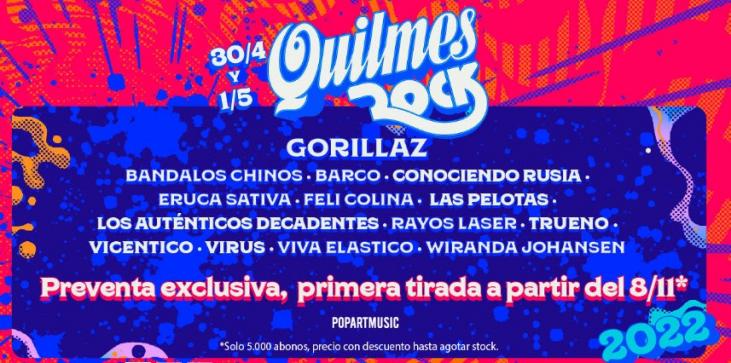 Quilmes Rock 2022: Precio de las entradas que salen a la venta por  AreaTicket para el festival donde se presentan artistas como Gorillaz y Los  Auténticos Decadentes. Las entradas para el Quilmes